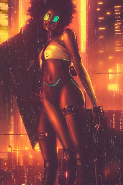 Image similar to a beautiful young Black woman, cyberpunk, Blade Runner city background, highly detailed, 8K, artstation, illustration, art by Gustav Klimt