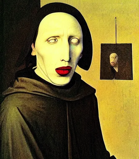 Image similar to portrait of marilyn manson by hieronymus bosch, high quality, high detail