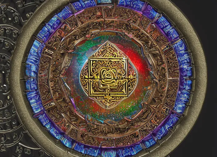 Image similar to hyperrealism, detailed textures, photorealistic 3 d render, a mystical wizard wearing a beautifully coloured tibetan kalachakra crystal mandala with sanskrit writing as a pendant, sharp focus, ultra realistic, ultra high pixel detail, cinematic, intricate, cinematic light, concept art, illustration, art station, unreal engine 8 k