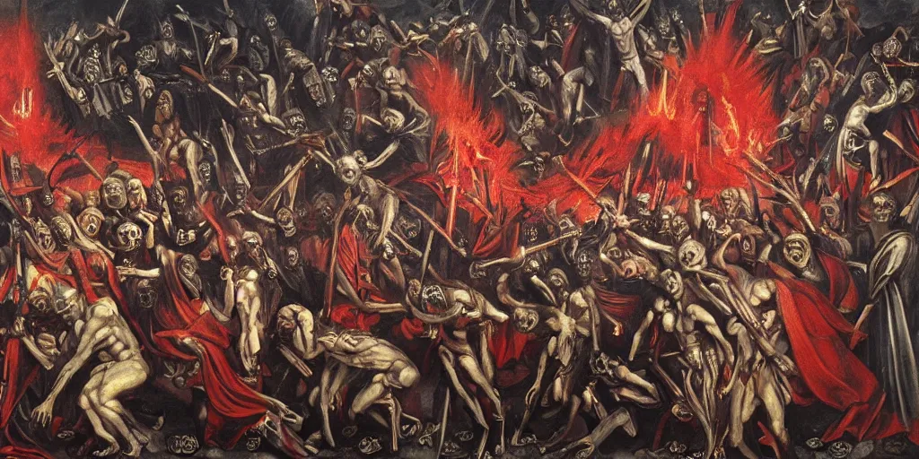 Prompt: dante's inferno painting, with biden trump obama united states of america, illuminati symbol, flag, crows, skeletons, crosses, jesus, dark beauty, rotten gold, perfect faces, extremely detailed, cinema 4 d, unreal engine.