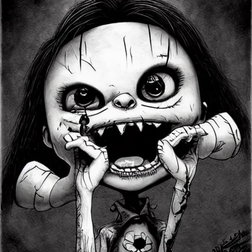 Image similar to grunge cartoon drawing of a cute chucky by - michael karcz , in the style of corpse bride, loony toons style, horror themed, detailed, elegant, intricate