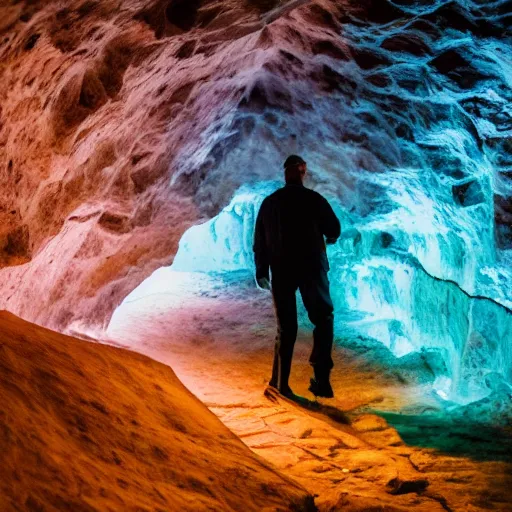 Prompt: a man going into rainbow cave ,dreamy ,glowing, 8k