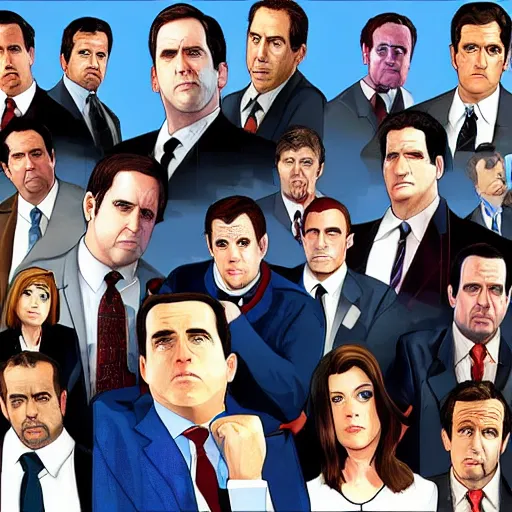 Image similar to the cast of tv show the office in the style of a grand theft auto game cover, high resolution