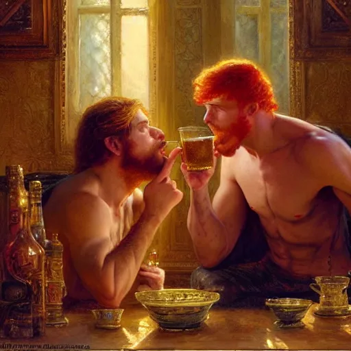 Prompt: attractive male mike with ginger hair with attractive male tyler with brunet hair, drinking their hearts out, in their noble mansion. highly defined painting, highly detailed painting by gaston bussiere, craig mullins, donato giancola 8 k