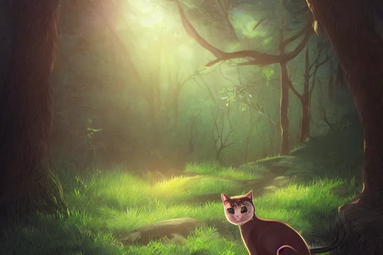 Image similar to cat in the forest, warm backlighting, digital art, trending on artstation, fanart, by kawacy