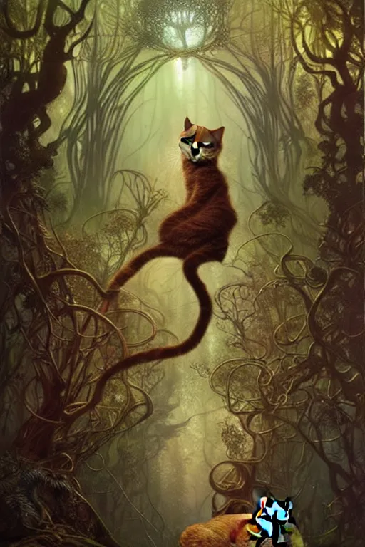 Prompt: metallic gold cat doing magic in the gnarly forest by Android Jones, tom bagshaw, mucha, karl kopinski