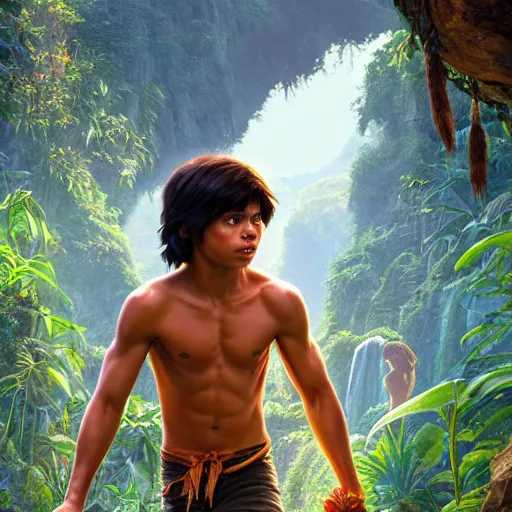 Image similar to skinny young jake t. austin as mowgli from the jungle book, dynamic lighting, path traced, atmospheric, highly detailed, high quality, beautiful painting, octane render, don bluth, ross tran, studio ghibli, alphonse mucha, jama jurabaev, extremely detailed, brush strokes, artstation, artgerm