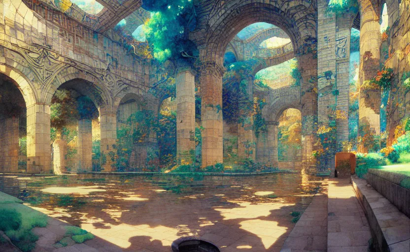 Image similar to tiled room squared waterway, aqueducts, fantasy. intricate, amazing composition, colorful watercolor, by ruan jia, by maxfield parrish, by marc simonetti, by hikari shimoda, by robert hubert, by zhang kechun, illustration, gloomy