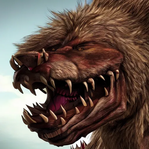Prompt: A realistic detailed photo of a big dog-like monster, detailed body, red eyes, bent back, big sharp teeth, weakly hairy skin, light particles, detailed light, realistic shaders, trending on artisation, detailed textures, detailed, realistic