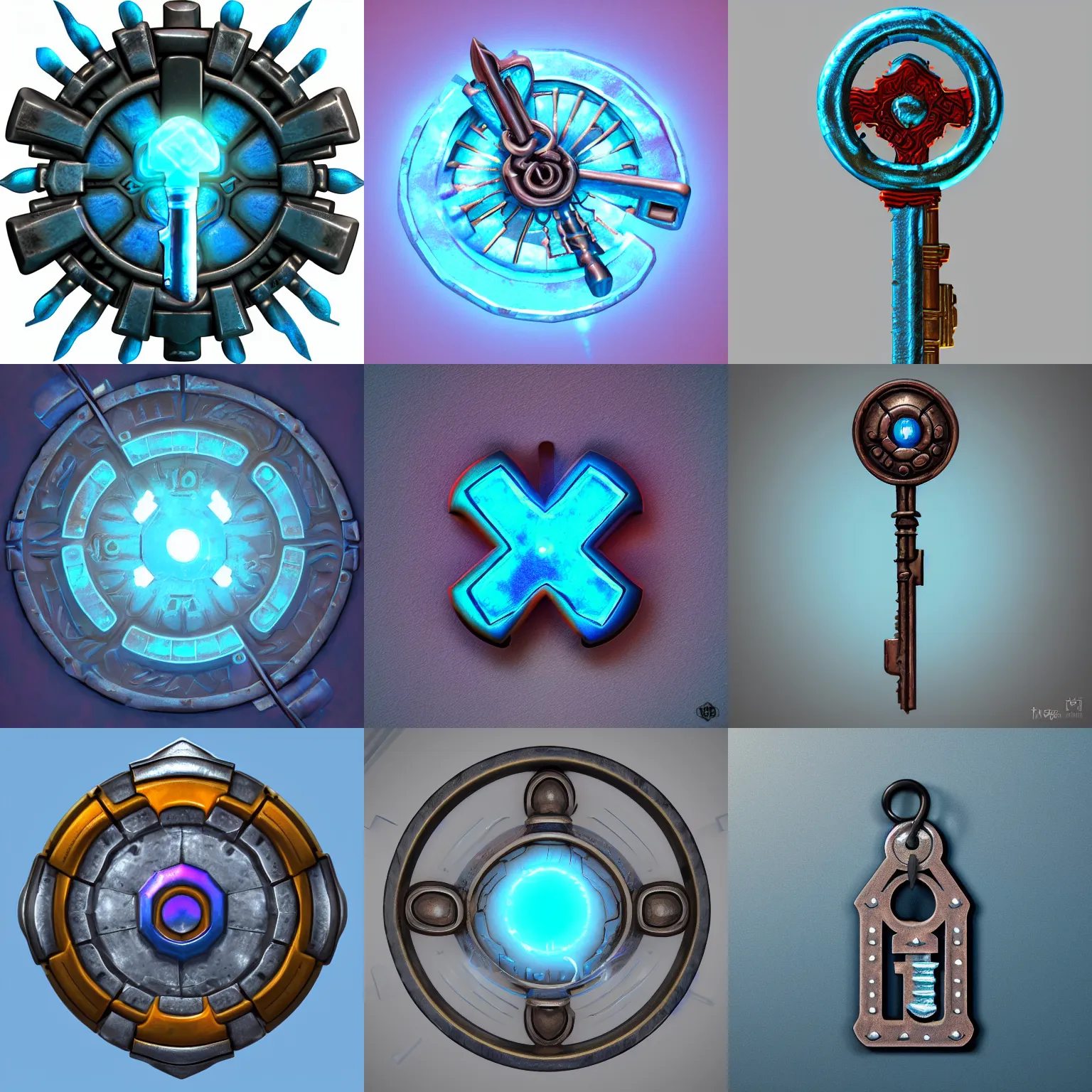 Image similar to a stylised old ice blue colorful metal key, key is on the center of image, rpg game inventory item, rim light, outer glow, on the white background, vray, stylised textures, trending on artstation