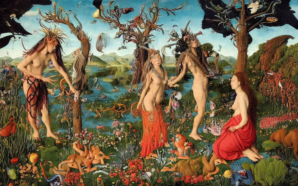 Image similar to a photograph of a meditating centaur shaman and a harpy mermaid feeding animals. surrounded by bulbous flowers, a few trees and wild animals. river delta with mountains and cliffs under a blue sky full of burning stars and birds. painted by jan van eyck, max ernst, ernst haeckel, ernst fuchs and artgerm. trending on artstation