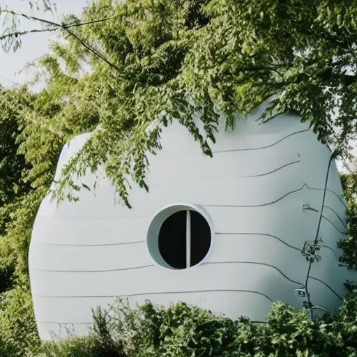 Image similar to futuristic house white covered in plants, hanging vines, motorcycle