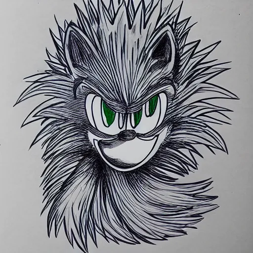 Prompt: sonic the hedgehog, single line drawing in ball point pen