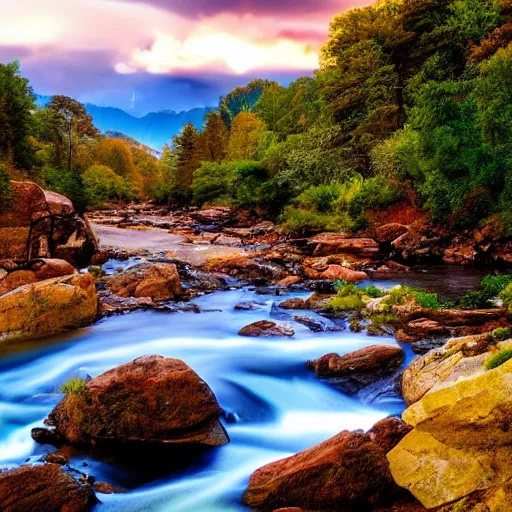 Image similar to a beautiful landscape, river, rocks, trees, iridescent lights