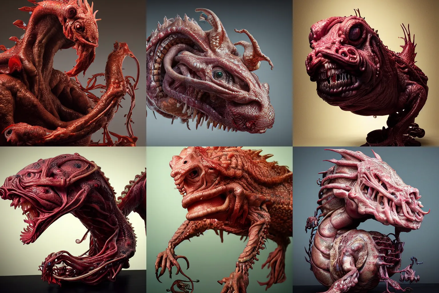 Prompt: humanoid blobfish dragon sculpture made of real internal organs and arteries, from the side, beautiful detailed intricate insanely detailed octane render, 8k artistic photography, photorealistic, chiaroscuro, by David Cronenberg, Raphael, Caravaggio