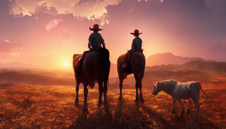 Image similar to cow - boy and his horse admiring sunset from the edge of a hill, desert, hyperdetailed, artstation, cgsociety, 8 k