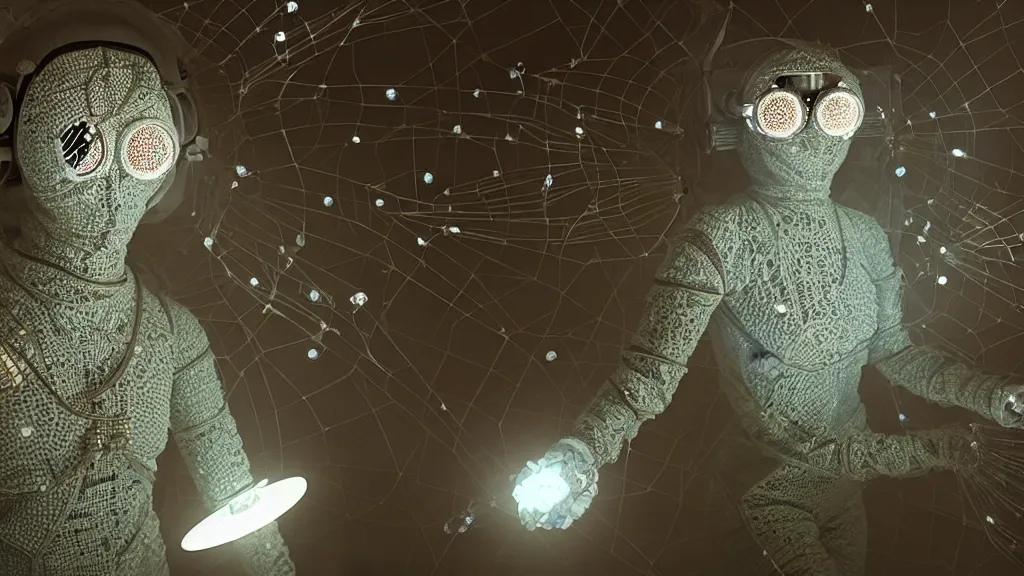 Image similar to a astronaut eva suit covered in diamond 3d fractal lace iridescent bubble 3d skin and covered with insectoid compound eye camera lenses floats through the living room, film still from the movie directed by Denis Villeneuve with art direction by Salvador Dalí, wide lens,