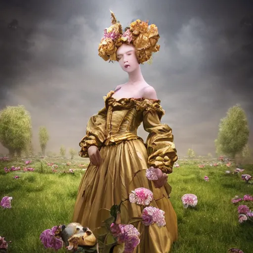 Image similar to 8k, octane render, realism, tonalism, renaissance, rococo, baroque, portrait of a young lady wearing long harajuku manga dress with flowers and skulls standing in a renaissance park, chaotic gold leaf flowers