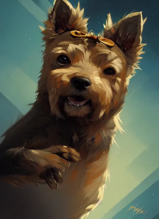 Image similar to norwich terrier as an north wich, backround dark, highly detailed, digital illustration, trending in artstation, modern painting, smooth, sharp focus, intricate, by peter mohrbacher