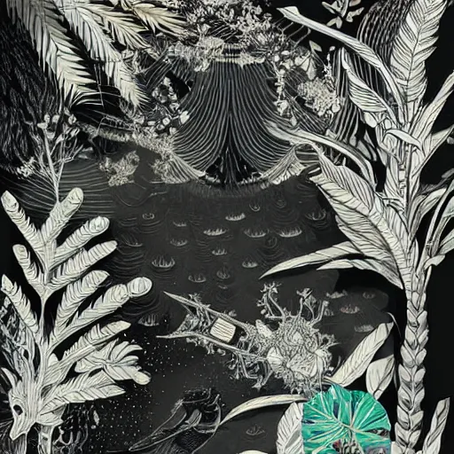 Prompt: black paper + an intricate lelabo shop depiction + elaborate white illustration, very detailed, deviantart, 8 k vertical wallpaper, tropical, colorful, airy, anime illustration, anime nature