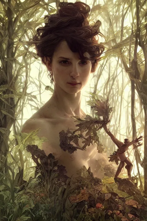 Image similar to portrait of rene auberjonois, forest, godlike, full body, fantasy, intricate, elegant, highly detailed, digital painting, artstation, concept art, sharp focus, illustration, art by artgerm and greg rutkowski and alphonse mucha