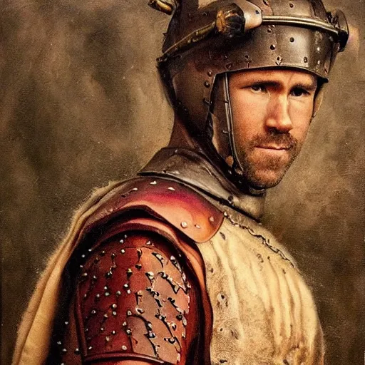 Prompt: Ryan Reynolds losing majestically in medieval clothing, realistic, oil on canvas, highly detailed,