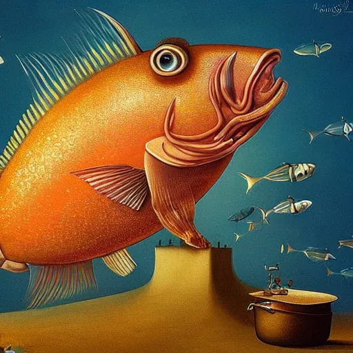 Image similar to a worried fish sitting on the top of a pile of fish, all the fish are inside a cooking pot, side view, by vladimir kush, dystopian art, rococo