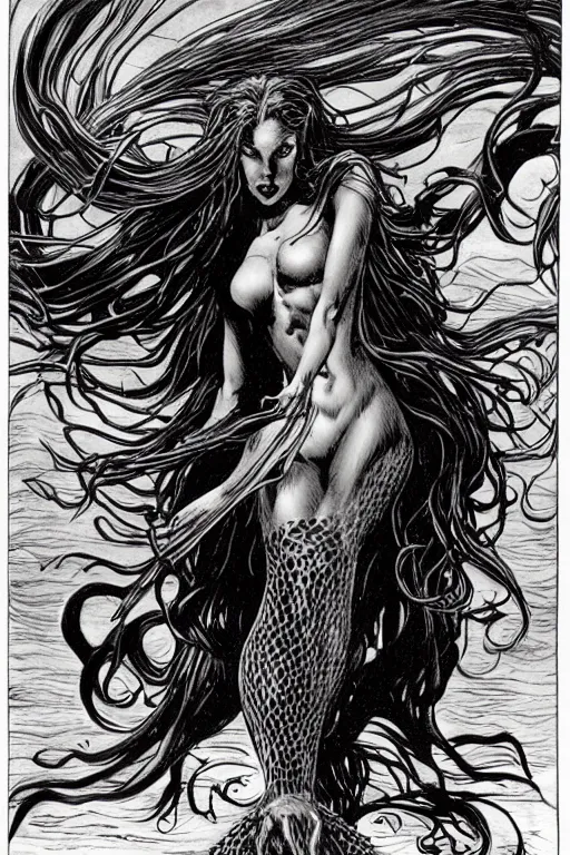 Prompt: dark evil mermaid with long flowing hair, by bernie wrightson