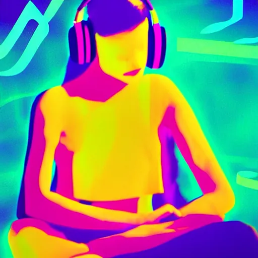 Prompt: crazy abstract full shot photo of a girl in headphones sitting near the lake of musical notes, Lomo colors, bleach bypass, futurism painting