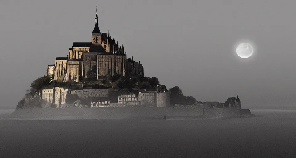 Prompt: mont saint-michel rising up from the mist in the morning silhouetted by a single huge moon, crystal lake, waterfall, realistic, matte painting, unreal engine, 8k, wide angle, f12, butterflies, horses, anders zorn, thomas kincade, trending on artstation, lava, dungeons and dragons, fun, happy