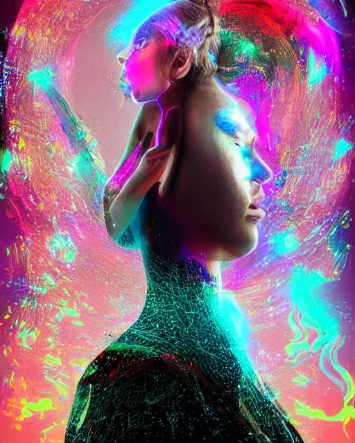 Prompt: a glitch art full body character portrait of female magic a. i. manifesting it self into reality trending on artstation deviantart pinterest detailed realistic hd 8 k high resolution