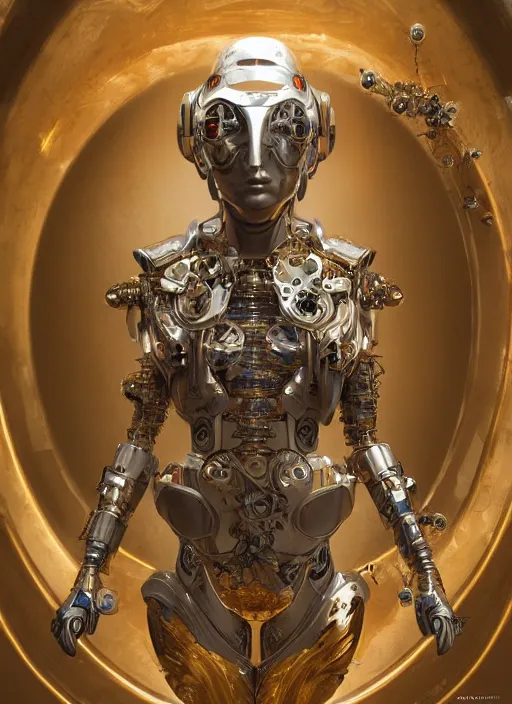 Image similar to portrait of a futuristic geisha cyborg with golden body armor holding a ecosphere with a plant inside, modern fine art, fractal, intricate, elegant, highly detailed, digital photography, subsurface scattering, by jheronimus bosch and greg rutkowski,