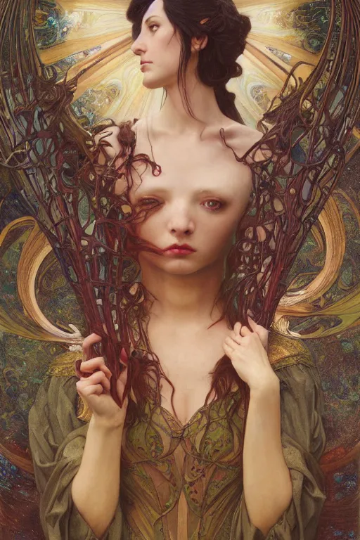 Image similar to masterpiece painting of ephemeral vampire raven haired girl by donato giancola, darius zawadzki and tom bagshaw, face by artgerm and edmund leighton, alphonse mucha, background by james jean and gustav klimt, 8 k, horror, dark color palette, volumetric lighting, porcelain skin, french nouveau, trending on pixiv