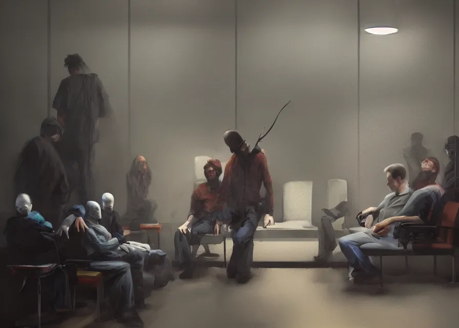 Prompt: dynamic painting of Michael Myers sitting in the waiting room of an optometrist amongst other patients, sharp focus, trending on ArtStation, masterpiece, by Greg Rutkowski, by Ross Tran, by Fenghua Zhong, octane, soft render, oil on canvas, moody lighting, high contrast, cinematic, professional environmental concept art