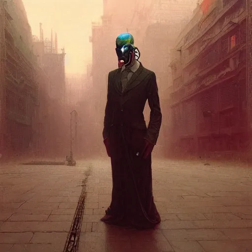 Image similar to portrait of masked cyberpunk scientist on the art deco streets of the Empire city, award-winning realistic sci-fi concept art by Beksinski, Bruegel, Greg Rutkowski, Alphonse Mucha, and Yoshitaka Amano