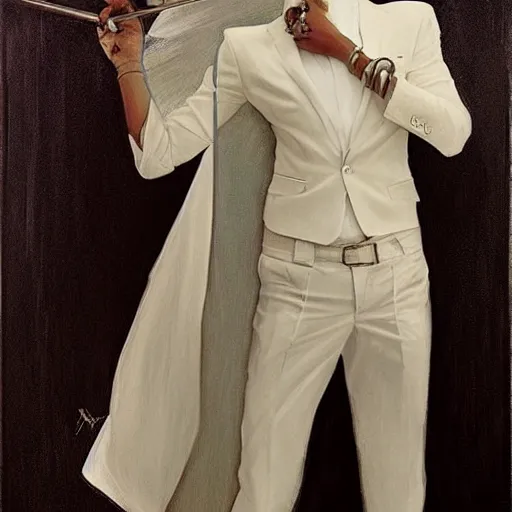 Image similar to beautiful portrait of androgynous ruby rose as desire from sandman in a white tuxedo!!!, rockabilly style,, by alphonse mucha, by jeremy mann, by peter lindbergh, dave mckean, by cedric peyravernay, white suit and black tie, soft lightning, high detailed, 8 k