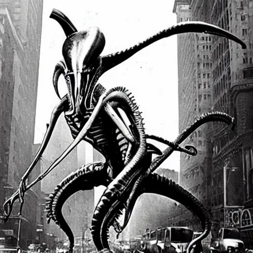 Image similar to old black and white photo, 1 9 1 3, depicting a xenomorph from the movie aliens rampaging through the bustling streets of new york city, historical record
