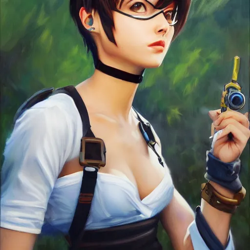Prompt: oil painting of tracer overwatch in a field wearing large steel choker around neck, in style of mark arian, expressive face, detailed face, detailed eyes, full body, feminine face, tracer overwatch,
