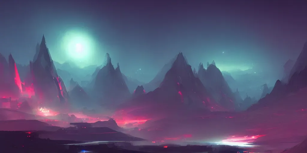 Prompt: Sci-Fi dark high contrast nighttime colorful wallpaper of a beautiful landscape art by Bayard Wu, digital art, trending on artstation, 4k, high detail, no noise