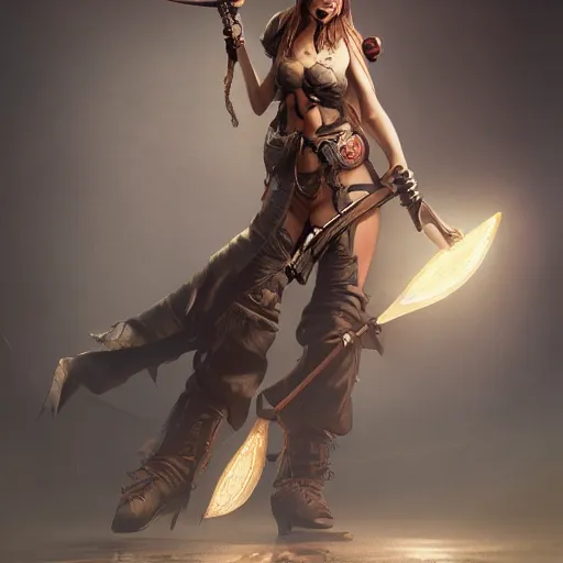 Prompt: full body concept art of a female pirate, airbrushed painting, stunning, featured on artstation, cinematic lighting, hyperdetailed, cgsociety, 8k, dramatic, dark atmosphere, alluring