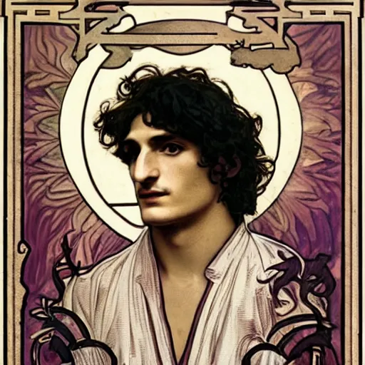 Image similar to louis garrel portrait by louis - theophile hingre and alphonse mucha, realistic, sharp focus, zodiac signs, tarot cards, planets, ethereal, art nouveau, magic, moon, sun, crown, dreamy, royal, jewellery