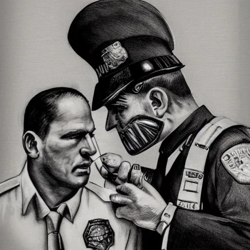 Prompt: policeman performing a lobotomy on another policeman, photorealistic