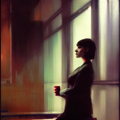 Prompt: portrait of rachael from bladerunner by jeremy mann and edward hopper