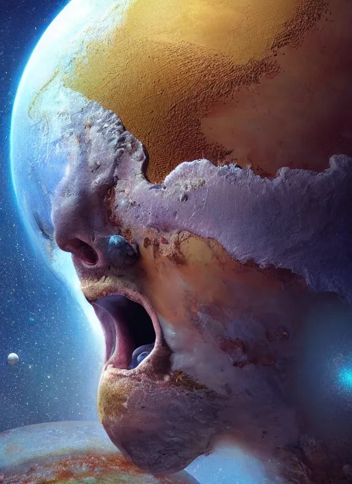 Image similar to portrait of the earth with a face eating the pluto alive on space, au naturel, hyper detailed, digital art, trending in artstation, cinematic lighting, studio quality, smooth render, unreal engine 5 rendered, octane rendered, art style by klimt and nixeu and ian sprigger and wlop and krenz cushart.