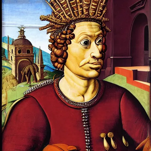 Image similar to portrait of an anthropomorphic ankylosaurus, dressed as an italian king, sandro bottecelli, 1 5 0 0