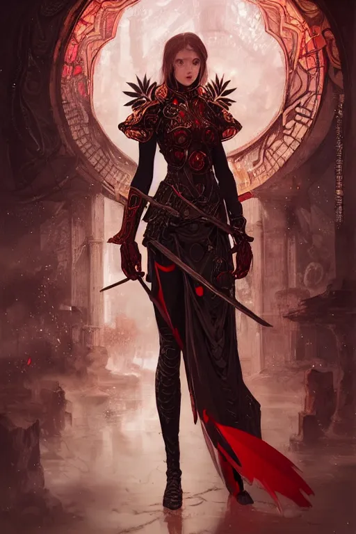 Image similar to portrait knights of Zodiac girl+smoky eyes, black fire red color reflected armor, in ruined Agora of Athens rainy night, ssci-fi and fantasy, intricate and very very beautiful and elegant, highly detailed, digital painting, artstation, concept art, smooth and sharp focus, illustration, art by tian zi and WLOP and alphonse mucha