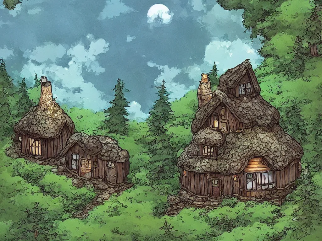 Image similar to cozy cottage on a hill in the style of Miyazaki