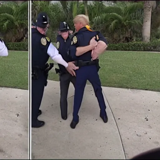 Image similar to News still of Donald Trump being handcuffed and arrested at mar-a-lago