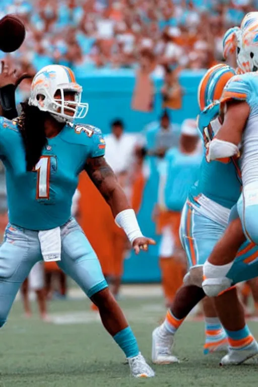 Prompt: The Rock playing quarterback for the Miami Dolphins