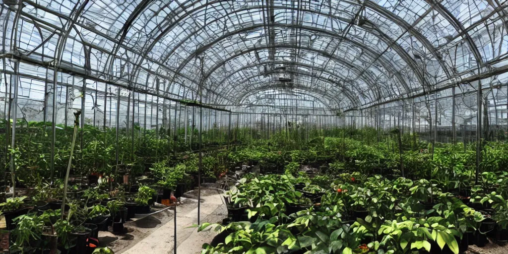 Image similar to interior of experimental greenhouse, cyberpunk.